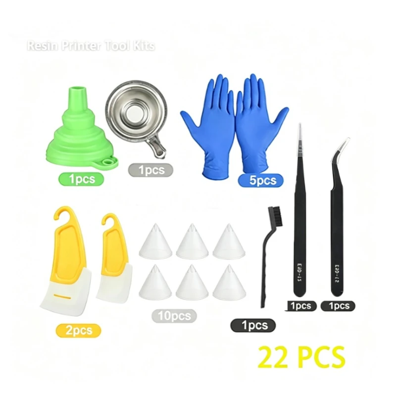 22pcs Light Curing 3D Printer Accessories Tool Kit Resin Funnel Filter Cup Tweezers UV Curing Photon Cleaning Silicone Shovel