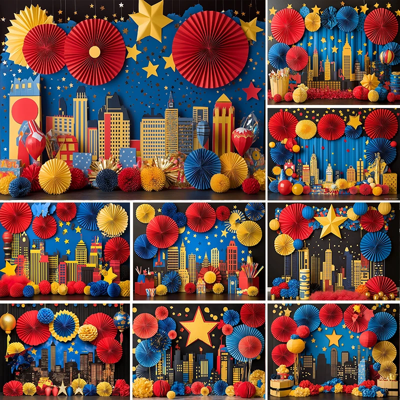 

LS Superhero Cityscape Photography Background Super Hero Buildings Scenes Baby Shower Brithday Party Backdrop Photo Studio