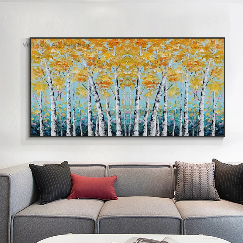 Handpainted Large Autumn Birch Tree Original Oil Painting Golden Forest Landscape Painting Living Room Wall Decor