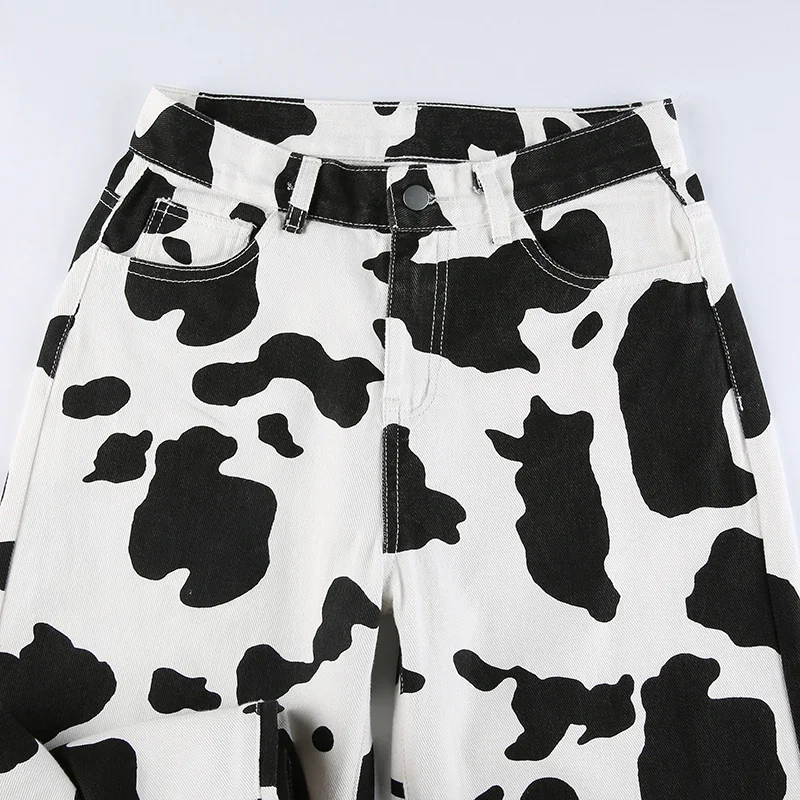 2024 pantalones vaqueros con estampado de vaca Animal ropa de calle de cintura alta pantalones vaqueros rectos góticos moda coreana nuevos pantalones holgados otoño