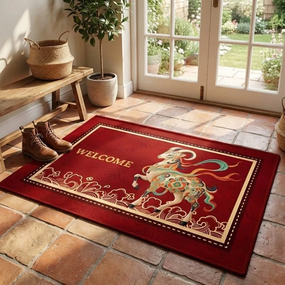 Chinese Style Zodiac Goat Floor Mat Blessing Words Anti Slip 2027 Lamb Door Mat Soft Quick Dry Year of The Sheep Mat