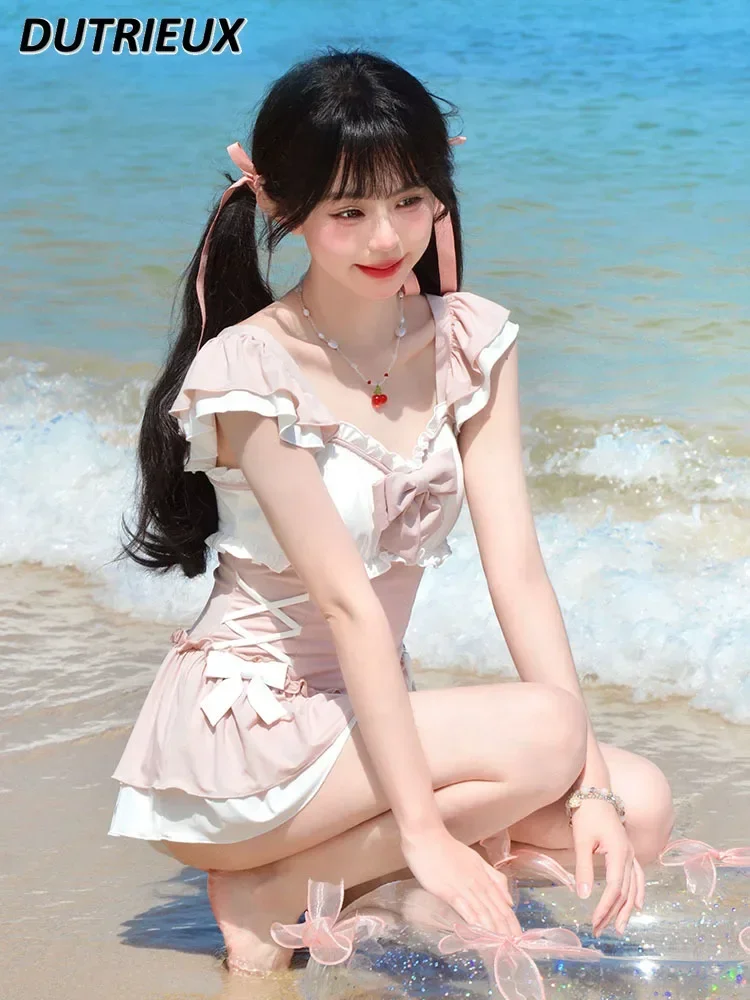 Fashion Casual Sweet Bow Black Pink Student One-Piece Swimsuit 2024 New Summer Cute Lolita Style Swimwears for Women