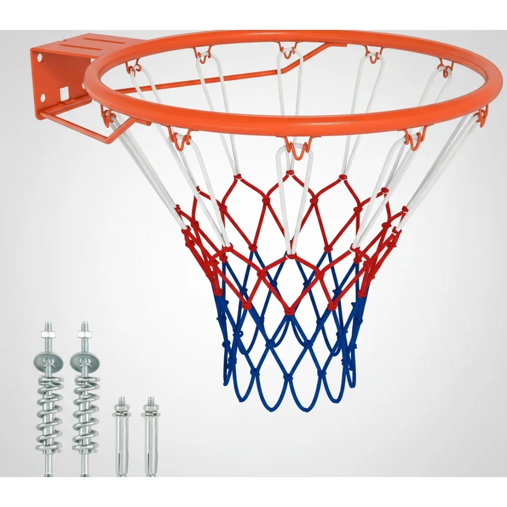 15/18 Inch Basketball Rim Replacement with All-Weather Net, Rust-Resistant Hoop for Wall/Door Mounting Indoor Outdoor Use