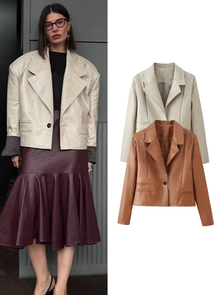 

TFMLN женский кожаный костюм, пальто с лацканами, куртка на одной пуговице, приталенный ретро-модный женский пиджак из искусственной кожи, женская уличная куртка