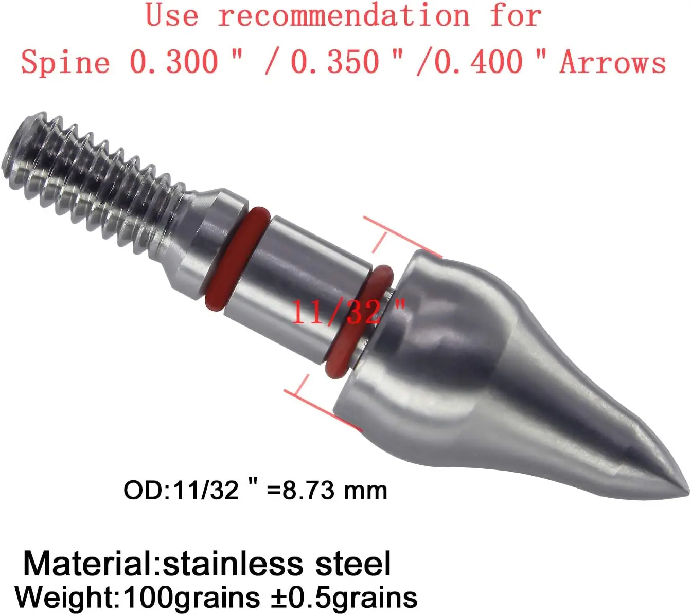 Stainless Steel Archery Field Points with 2 Rubber Rings,Various Outside Diameter,85/100/125/150 Grains,Screw in Archery Field T