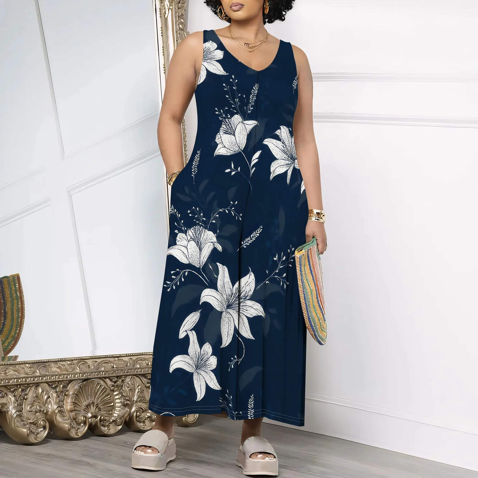 Abito lungo estivo da donna in cotone e lino senza maniche, eleganti abiti fluidi, taglie forti, ampio e comodo con tasche