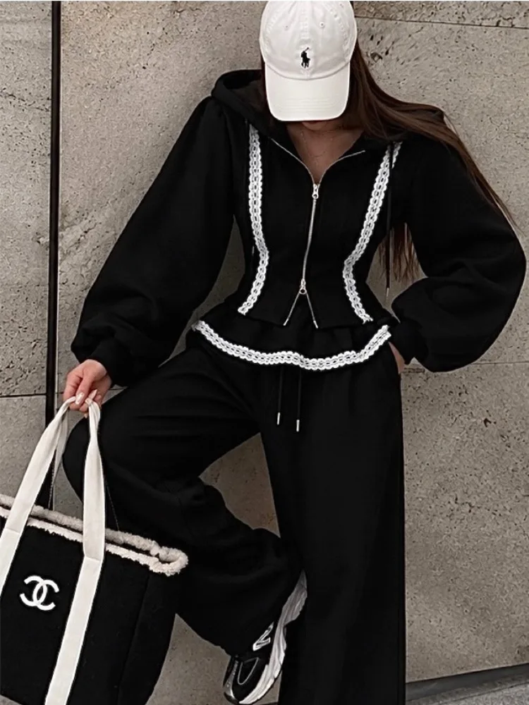 Retro Lace Trim Hoodie Jacket Women's Autumn Winter New High Waist Flounce Casual Pants Set Korean Style Regular Fit Streetwear