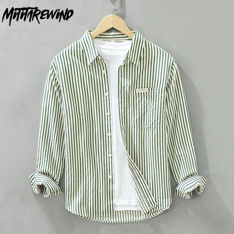 

Мужская полосатая рубашка в японском стиле с карманом и лацканами, мужские рубашки с длинным рукавом, повседневные свежие повседневные рубашки, молодежная рубашка на пуговицах на весну и лето