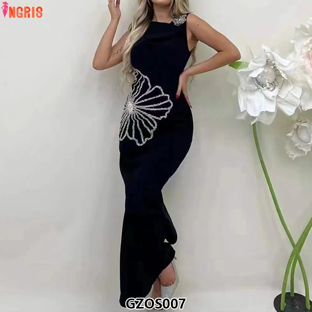 

New women's round neck sleeveless light luxury diamond petals inlaid elegant temperament slim dress evening dress-GZOS007