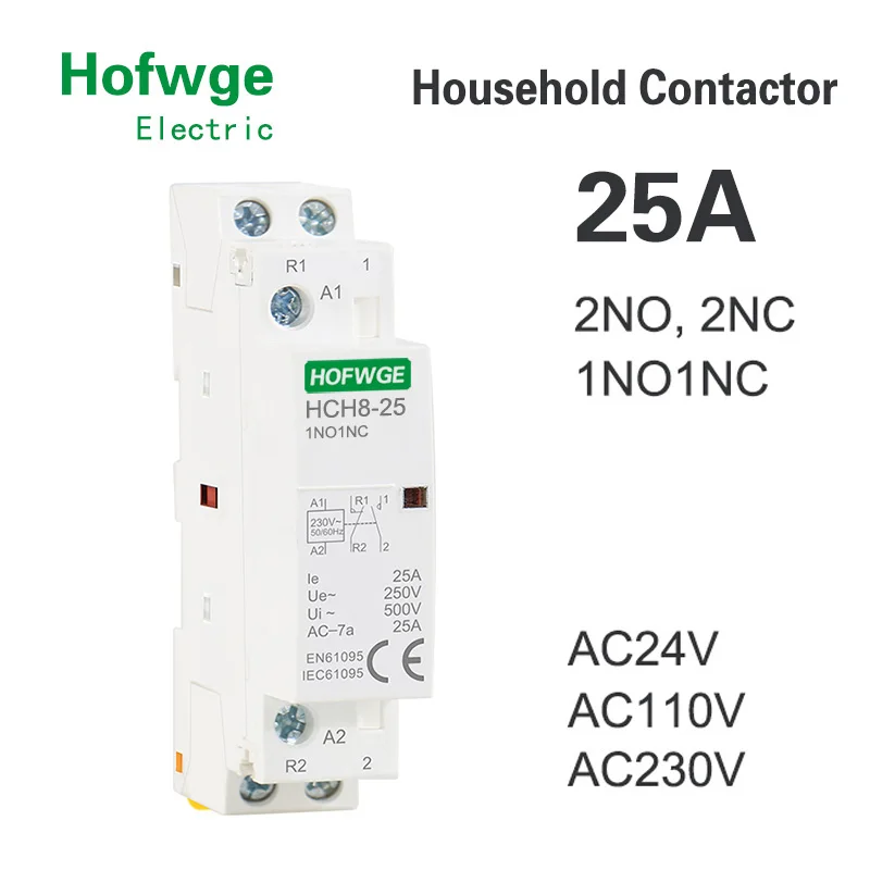 HCH8-25 Household Modular Contactor 2P 16A 20A 25A 2NO or 2NC or 1NO1NC 220V Automatic Household Contactor Din Rail Type