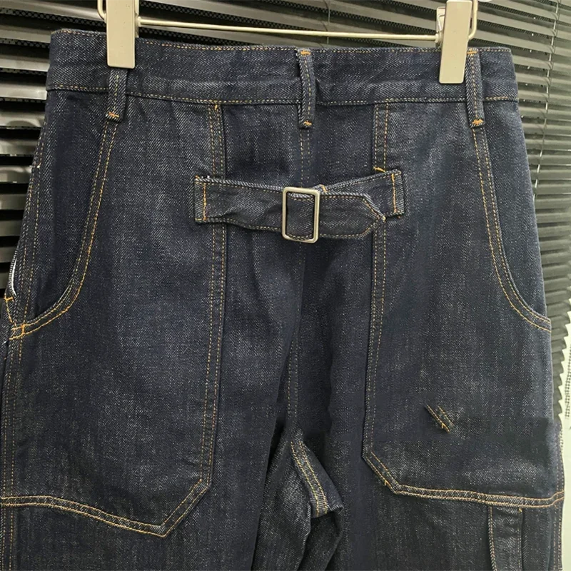 KBQ الصلبة تقسم جيوب فضفاضة جينز غير رسمي للنساء عالية الخصر تصميم الشعور مستقيم بنطلون أنثى الاسلوب المناسب شتاء جديد