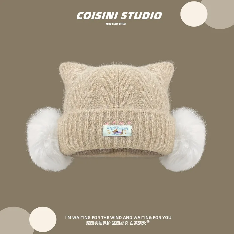 Niedliche Strickmütze mit Pompon-Ohren-Design, Katzenohren, Herbst- und Winter-Outdoor, warm, verdickt, vielseitig, Ohrenschutz, Skull-Beanie-Mütze – Detail 3