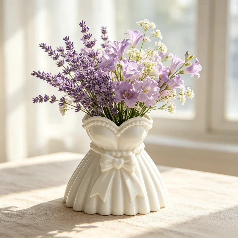 Multifunctional Princess Dress-Shaped Vase, White Girly Style Pearl Heart Bow Flower Bucket, Dual-Purpose Flower Arrangement Container + Vanity Table Makeup Brush Storage Holder