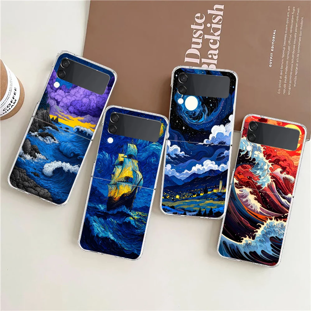 Art Starry Night Sea Wave Phone Case for Samsung Galaxy Z Flip 3 4 5 6 7 8 Folding Shell For Samsung Z Flip5 PC Hard Cover
