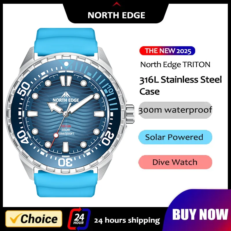 NORTH EDGE 2025 New TRITON Solar Powered Dive Watch Men Luxury Quartz Watches For Men 316L Stainless Steel Case Waterproof 300M