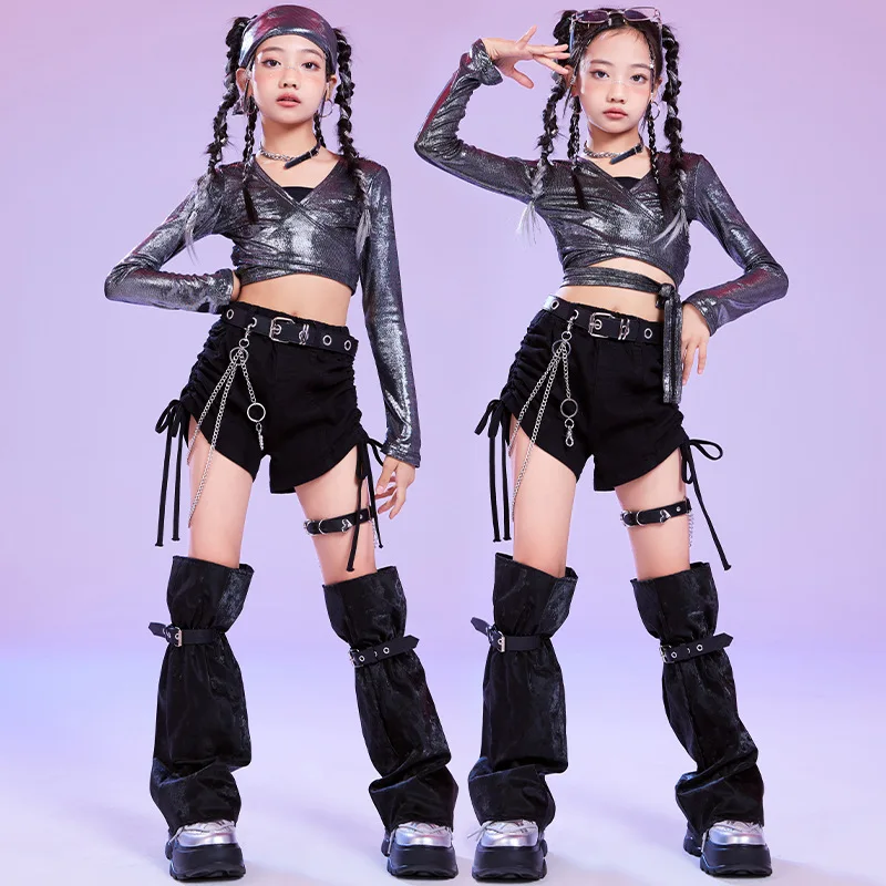 

Kid Hip Hop Clothing Silver Black Wrap Lace up Long Sleeve Crop Top Ruched Drawstring Shorts for Girl Jazz Dance Costume Clothes