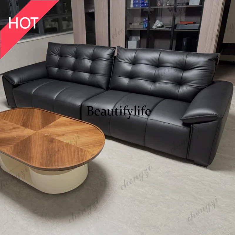 A49 Italian minimalist black leather sofa household double triple straight row living room sofas and seating couch home furnitu