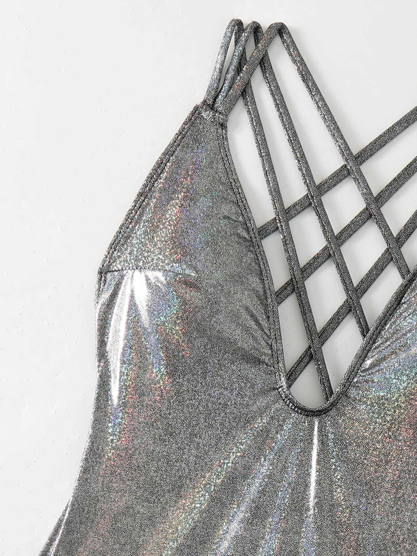 Sexy Glitter Solid Silver Backless Swimsuit One Piece Back Bandage Bikinis Thong Swimwear Bodysuits Women Biquini Bathing Suits