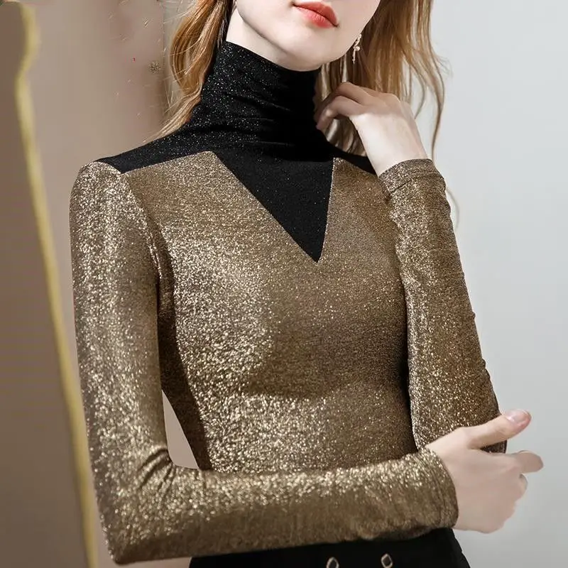 

Luxury Turtleneck Slim Bottom Shirt Autumn Winter Women Long Sleeve T-shirt Patchwork Shiny Tops Trend Sexy Skinny Tees Chic New