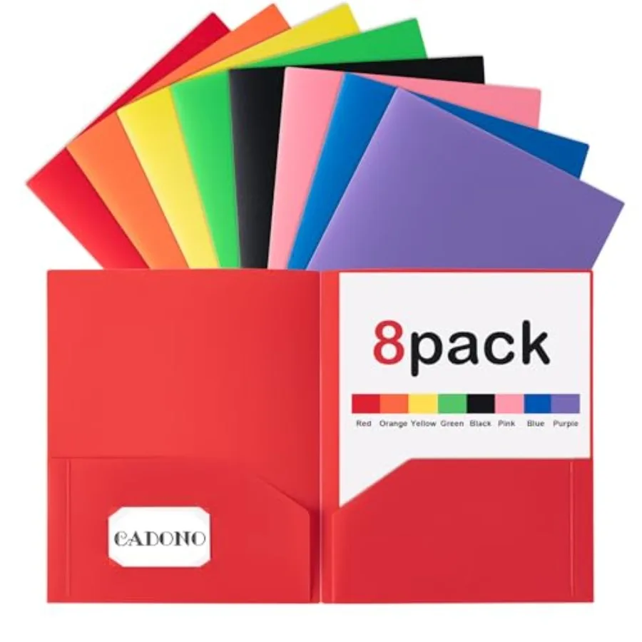 

Plastic Folders with Pockets 8 Pack, Assorted Colors,Durable Heavy Duty File Folders with Business Card Slot, 2-Pocket Folder f