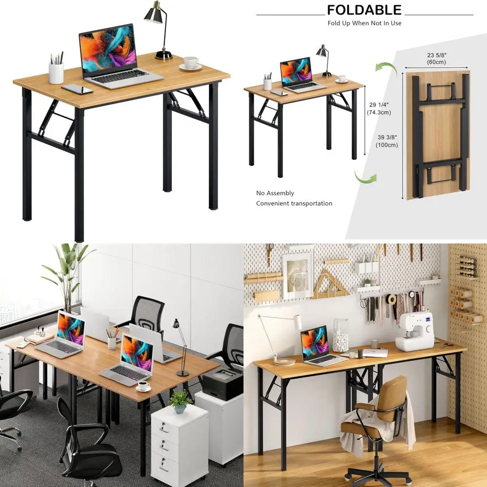 Bureau d'ordinateur pliant moderne de couleur teck pour le bureau à domicile, longueur 39-3/8, aucun assemblage requis, bureau noir
