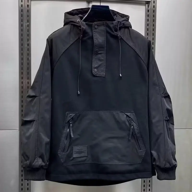 Autumn men's workwear large pocket assault jacket hooded jacket versatile solid color pullover cool casual loose jacket trendy