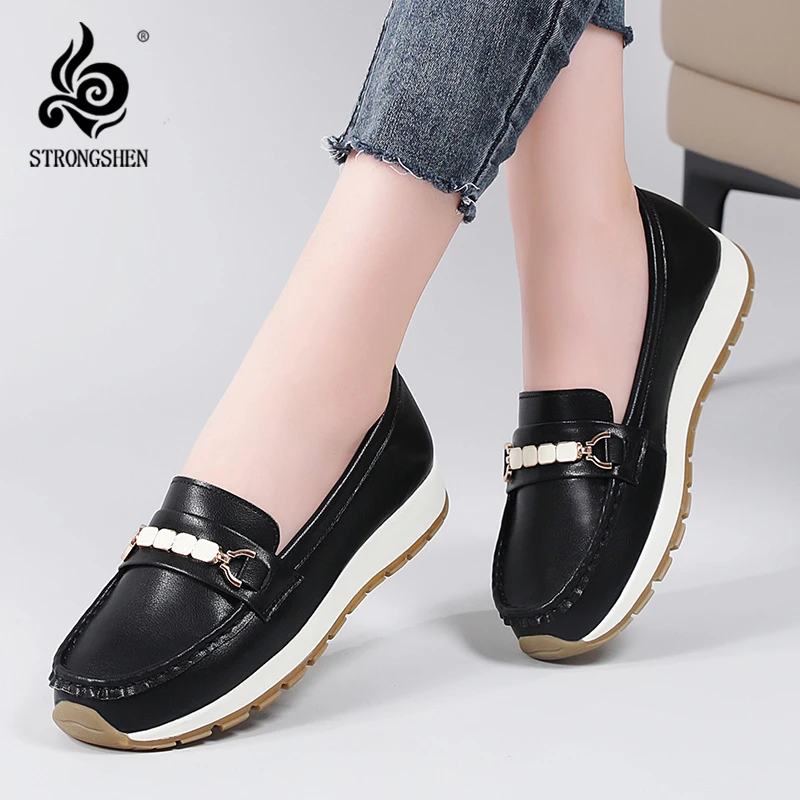 STRONGSHEN-zapatos informales planos de cuero para Mujer, mocasines sin cordones, náuticos, talla grande 44