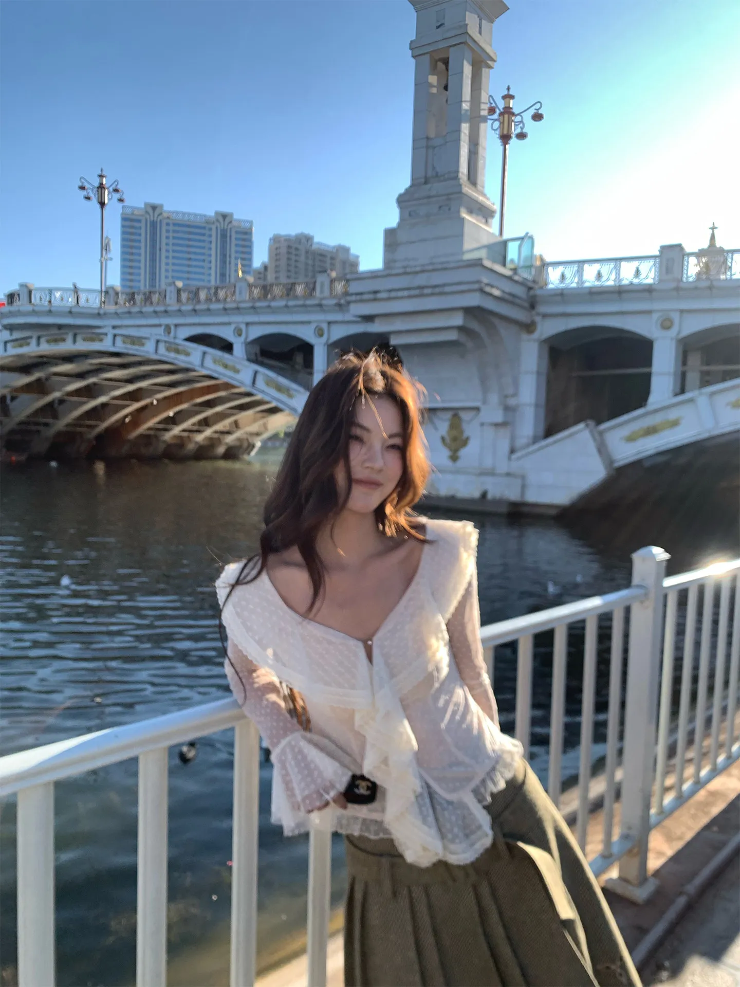 【MAR】Women French Romantic Apricot Polka Dot Lace Shirt Bell Sleeve V-Neck Ruffle Top