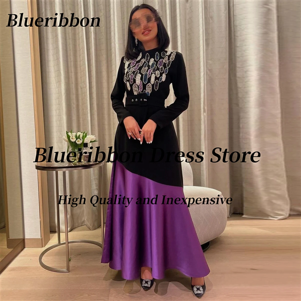 

Blueribbon Black and Purple Prom Dresses 2024 Long Sleeves Evening Gowns Colorful Beaded High Collar Birthday Party Women Wear