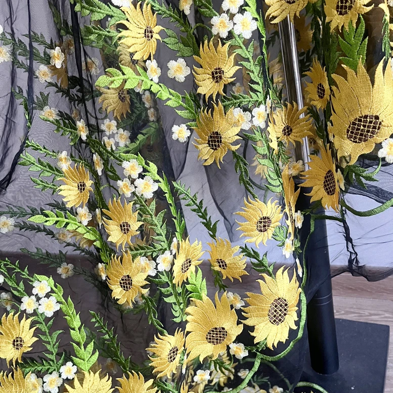高品質カラー刺繍水溶性メッシュ、ひまわり刺繍レース生地、手作りウェディングドレススカートアクセサリー