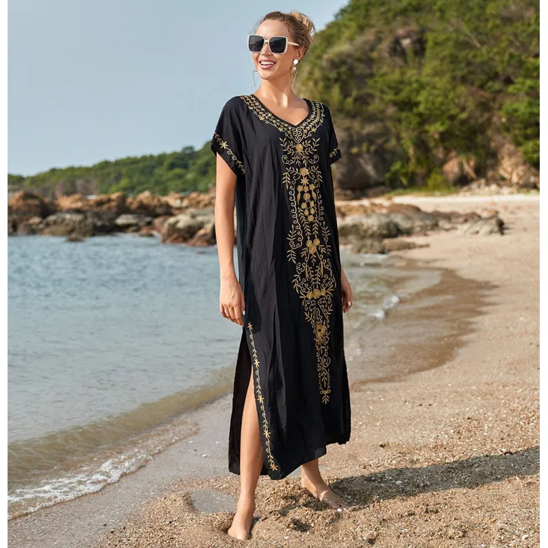 Floral Embroidered Cotton Beach Cover Up for Women Breathable Summer Sarong Wrap Top for Pool Beach Resort Wear