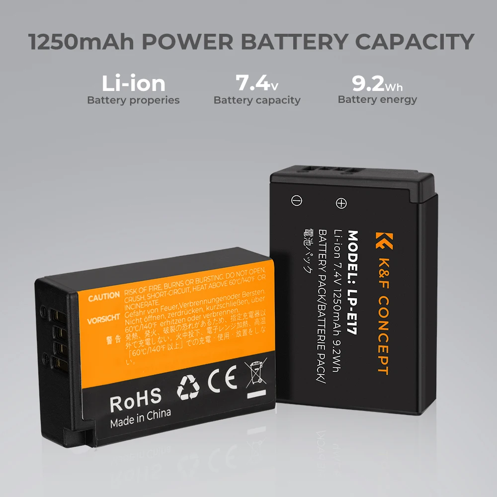 K&F Concept LP-E17 Battery and Dual USB Charger for Canon EOS R100 R8 R50 RP R10 Rebel T8i T7i T6i T6s SL2 SL3 EOS M3 M5 Cameras