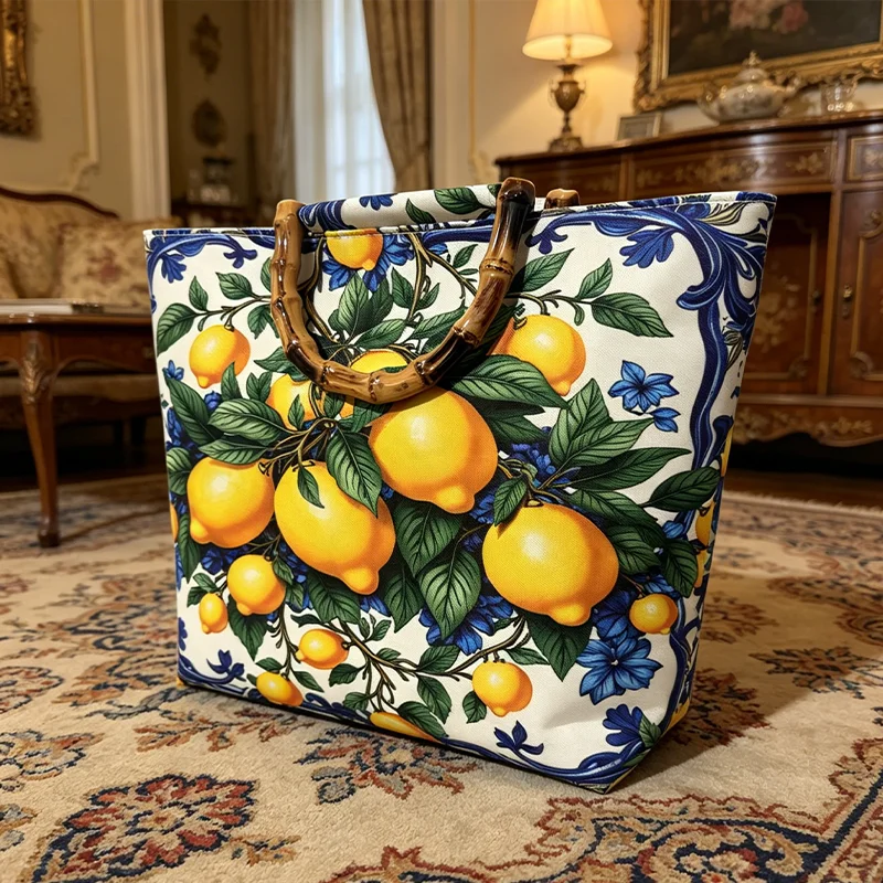Blaue und weiße Damen-Tragetasche mit Porzellanmuster und Zitronenmotiv, Kunstbambusgriff, große Kapazität, Pendler-Tasche – Detail 7