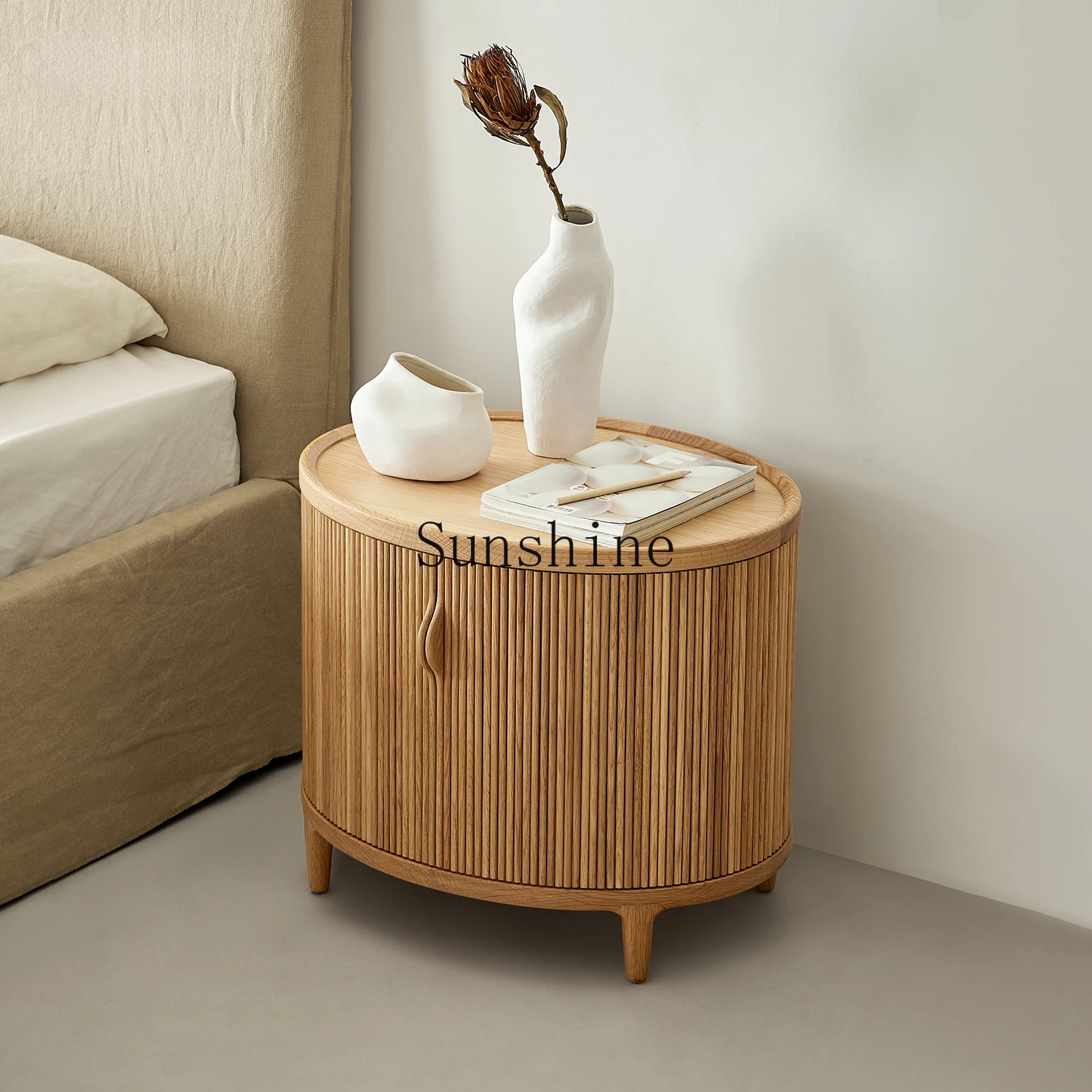 Japanese-style rolling shutter door white oak round cabinet bedroom solid wood high-end bedside table