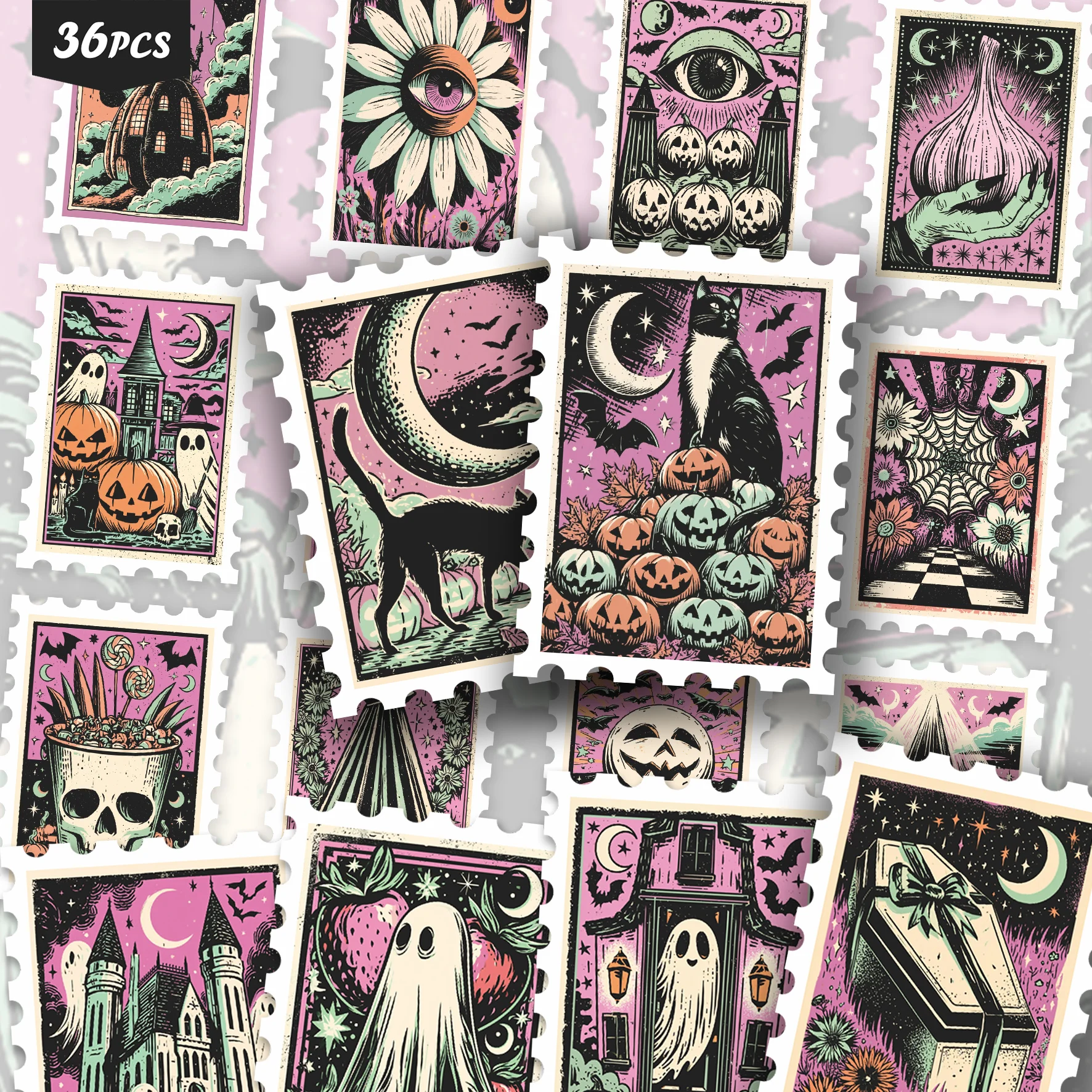 36PCS Pastel Halloween Folk Print Stickers, Retro block print art with black cats, pumpkins, ghosts and haunted houses.