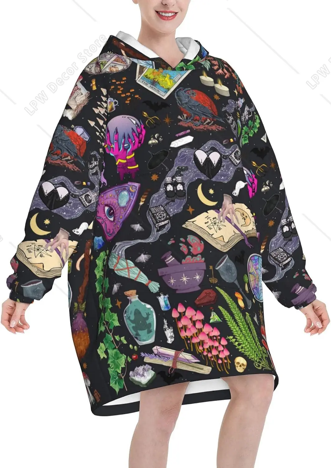 Witchcraft Magic Element All Over Print Oversized Hoodie Blanket Mushroom Raven Moon Spell Book Potion Gothic Casual