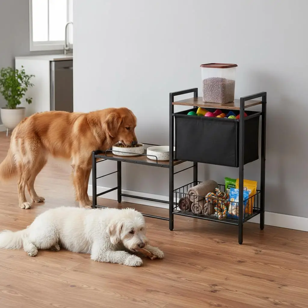 

Pet Dining Cabinet 31.5"H For Kitchen Hallway Living Room, Double Raised Bowls Top Storage Shelves Particle Board Metal Frame