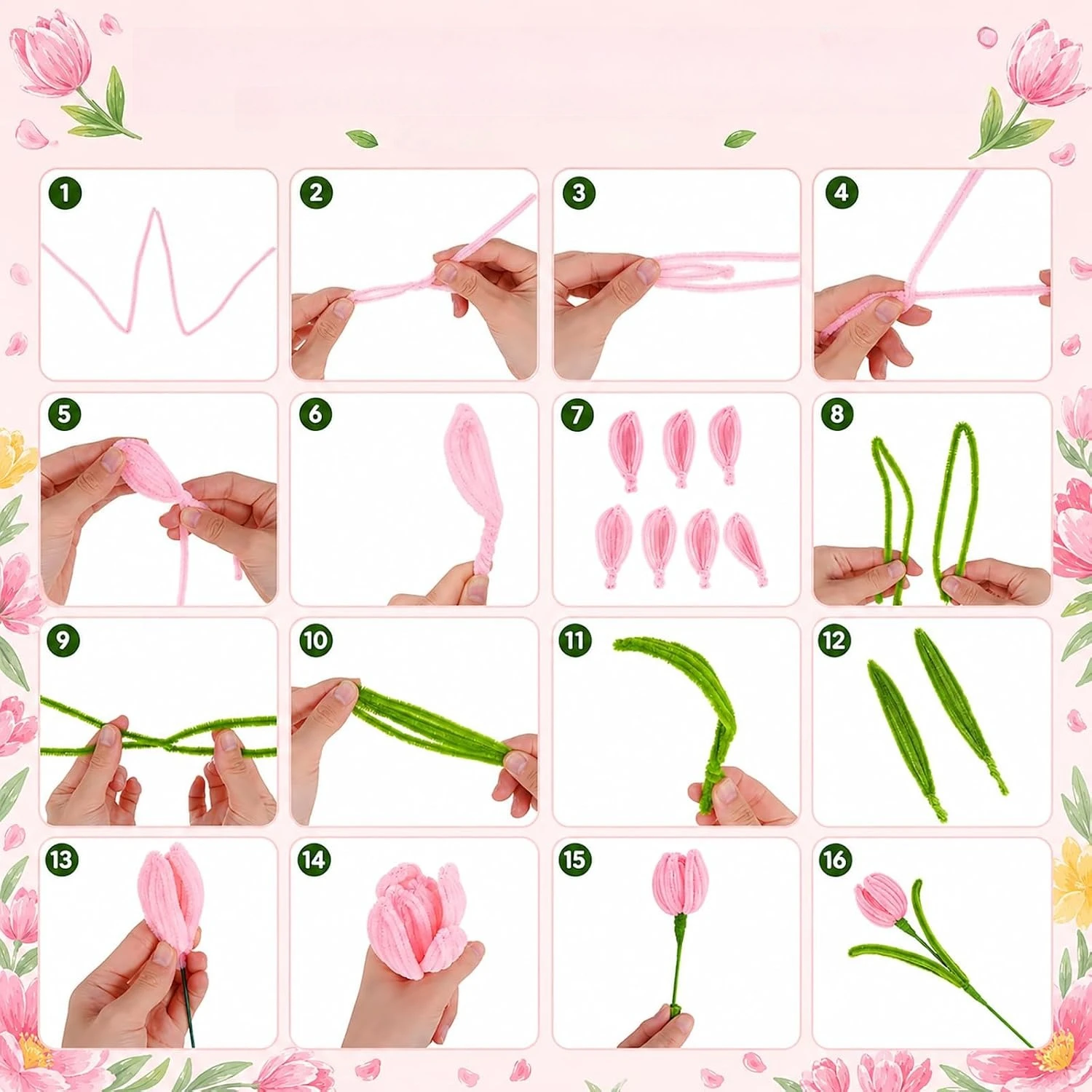 DIY Blumen-Bastelset, 420-teiliges Pfeifenreiniger-Set mit 8mm flauschigen Chenille-Stielen, Video-Tutorial für rosa Lilien- & Tulpenstrauß, perfektes handgemachtes Geschenk für Lehrer-Dankeschön,