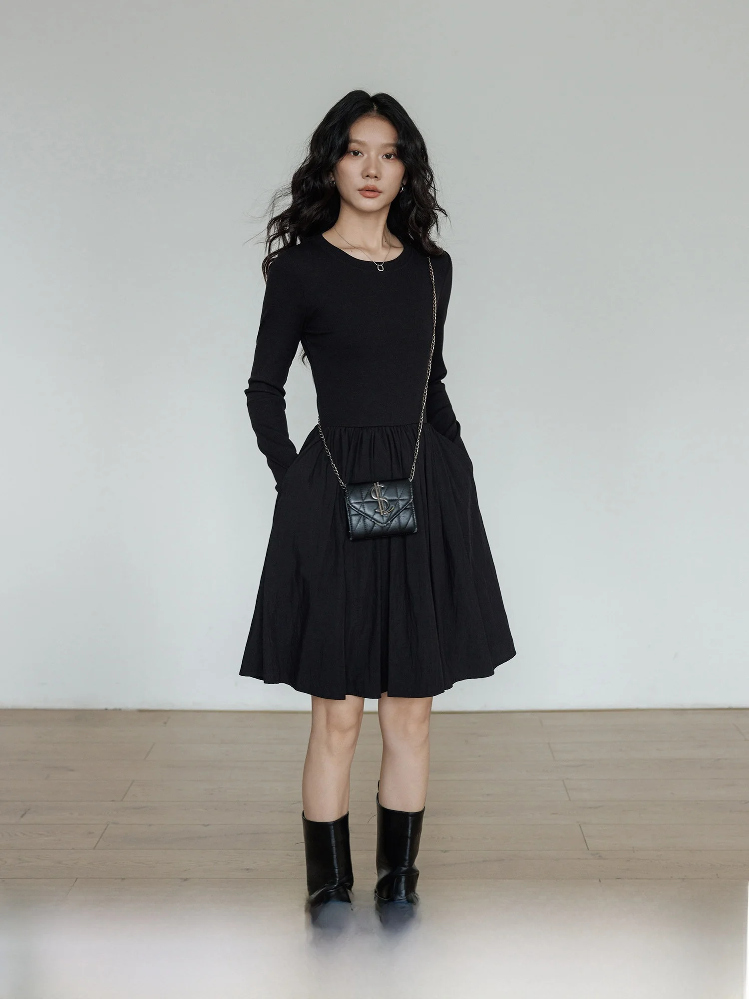 

Вязаное платье Vastand Spring A-Line для женщин, повседневное, с завышенной талией, из хлопка и полиэстера, с круглым вырезом, длинными рукавами