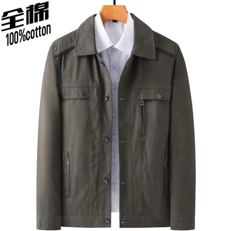 

Spring Autumn Pure Cotton Jaet Dad Sle Flip Collar Men's Faion Urban Loose Fit Long Sve Windproof Coat for Middle-Ag...
