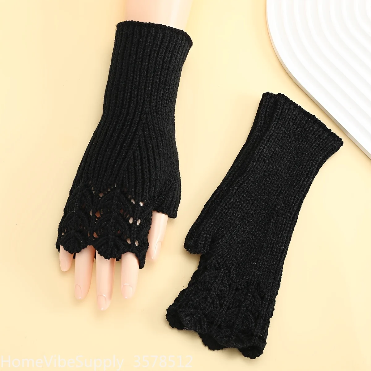 1 Pair Solid Color Acrylic Fingerless Gloves for Women, Knit Fish Scale Pattern Preppy Style Elastic Arm Warmers, Decorative Half Finger Outdoor Gloves