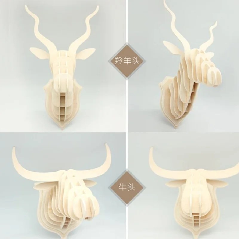 Unicorn ELK Deer Antelope Cattle Elephant Animal Head Home Wall Decoration Wooden 3D Puzzle Building Model Toy Boy Girl Gift