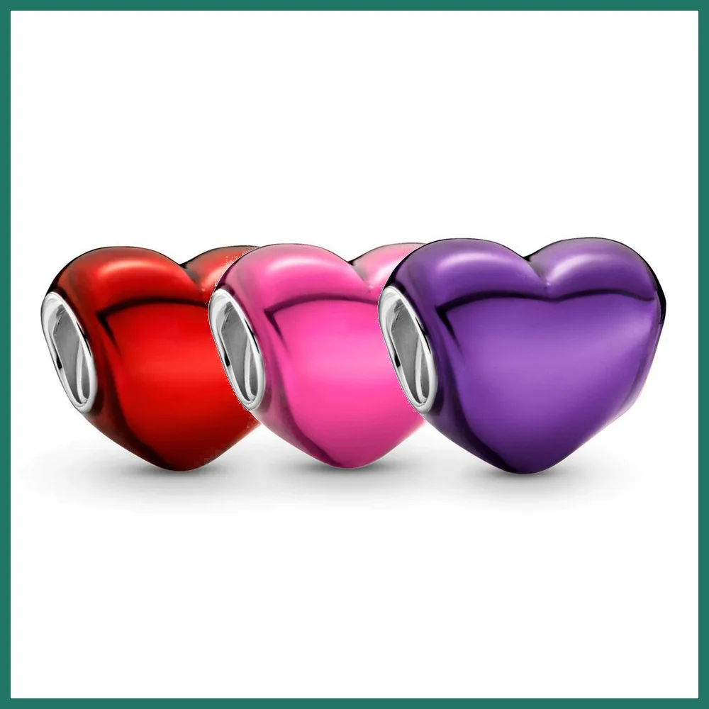 Silver Colour Metallic Pink Heart Charm Heart-shaped Beads Fit Pandora Silve Original Bracelets Fashion DIY Woman Jewelry Making