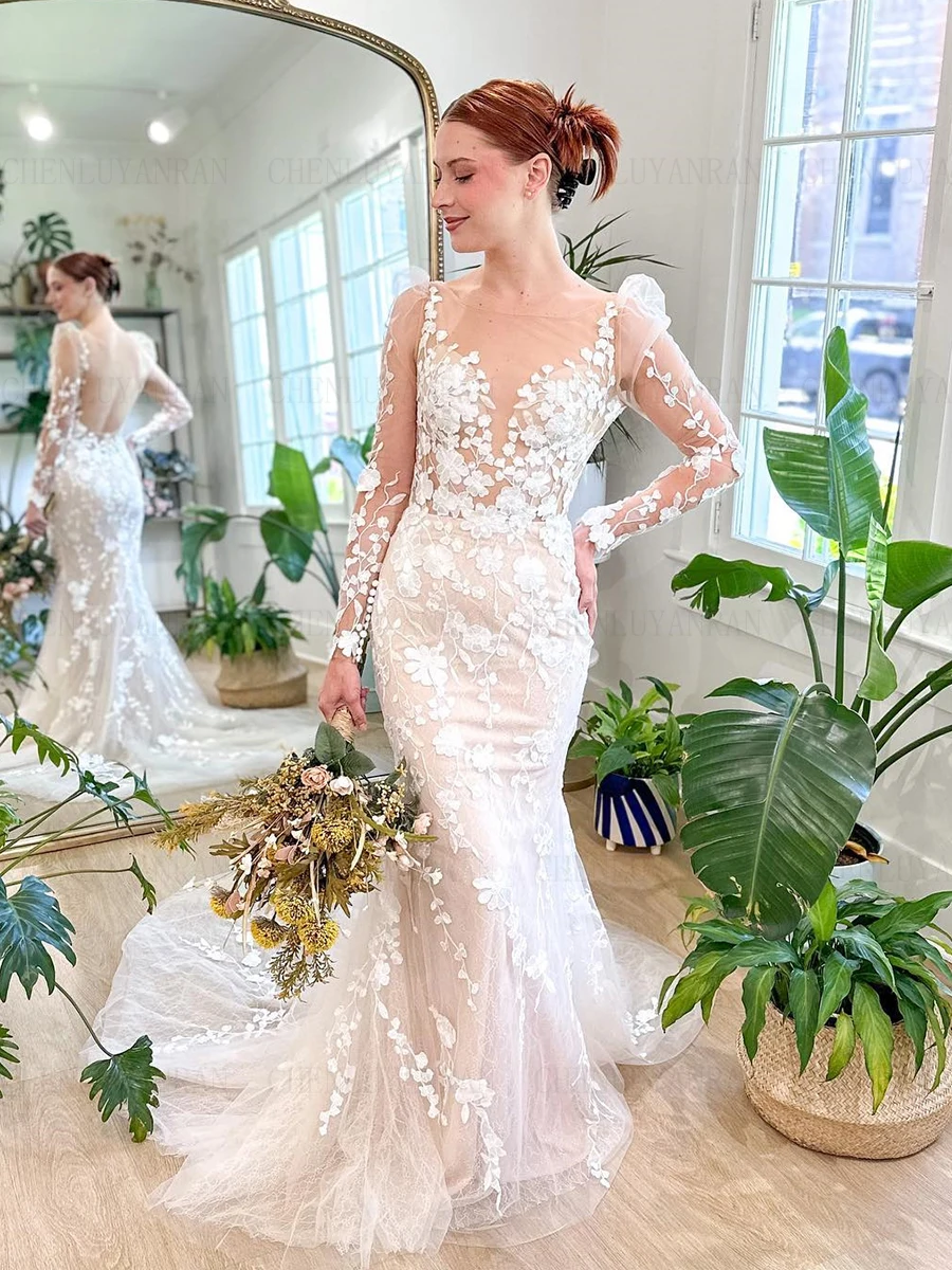 Robes de mariée sirène Boho avec poignées pour femmes, robe de mariée longue à col rond, robes en tulle appliquées, 2023