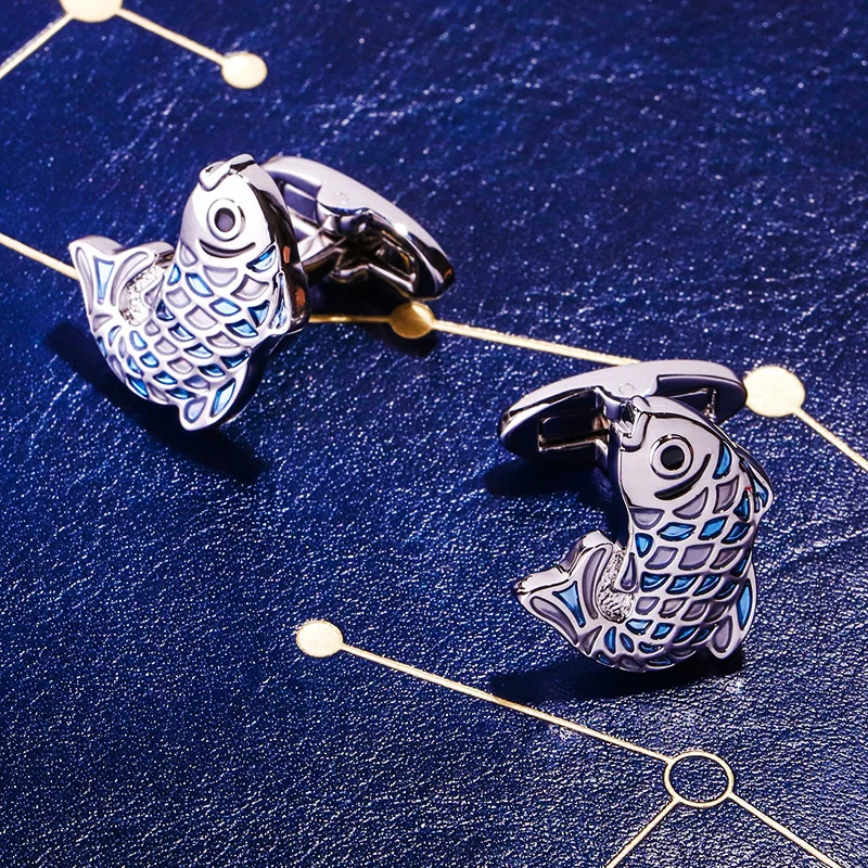 

KFLK Jewelry French shirt cufflinks for men's Gifts Brand Animal cuff buttons Blue fish cuff links High Quality guests