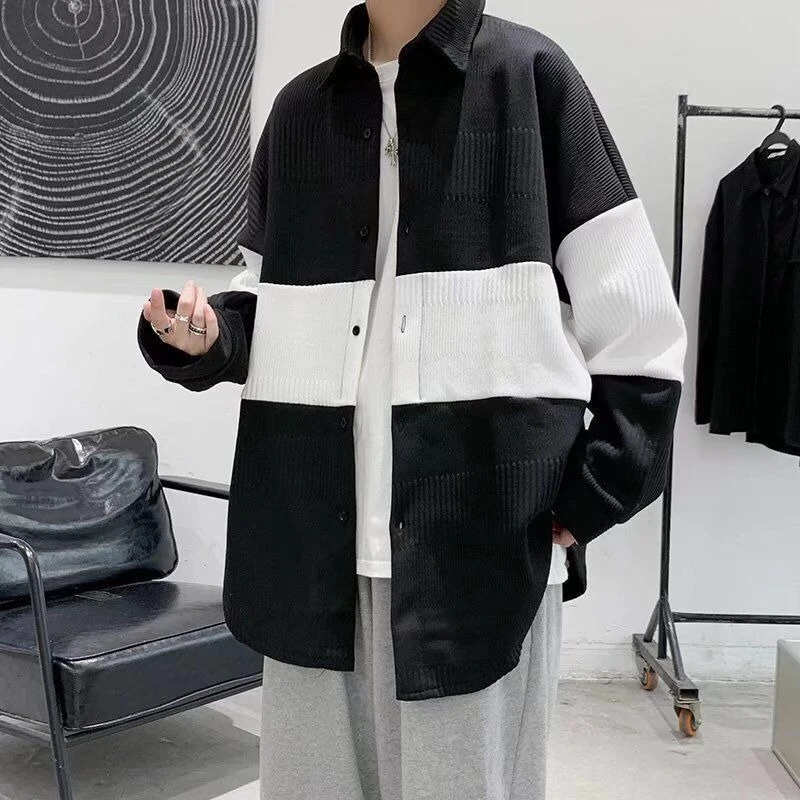

​Cantonese Streetwear Men's Oversized Jacket Autumn Winter Layering Essential Black White Knitwool Blend