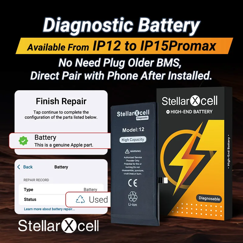 StellarXcell – batterie de Diagnostic, pièce authentique, sans message pop-up, pour iphone 12 13 Pro max 14 Plus 15Pro max 14Pro 12 13mini
