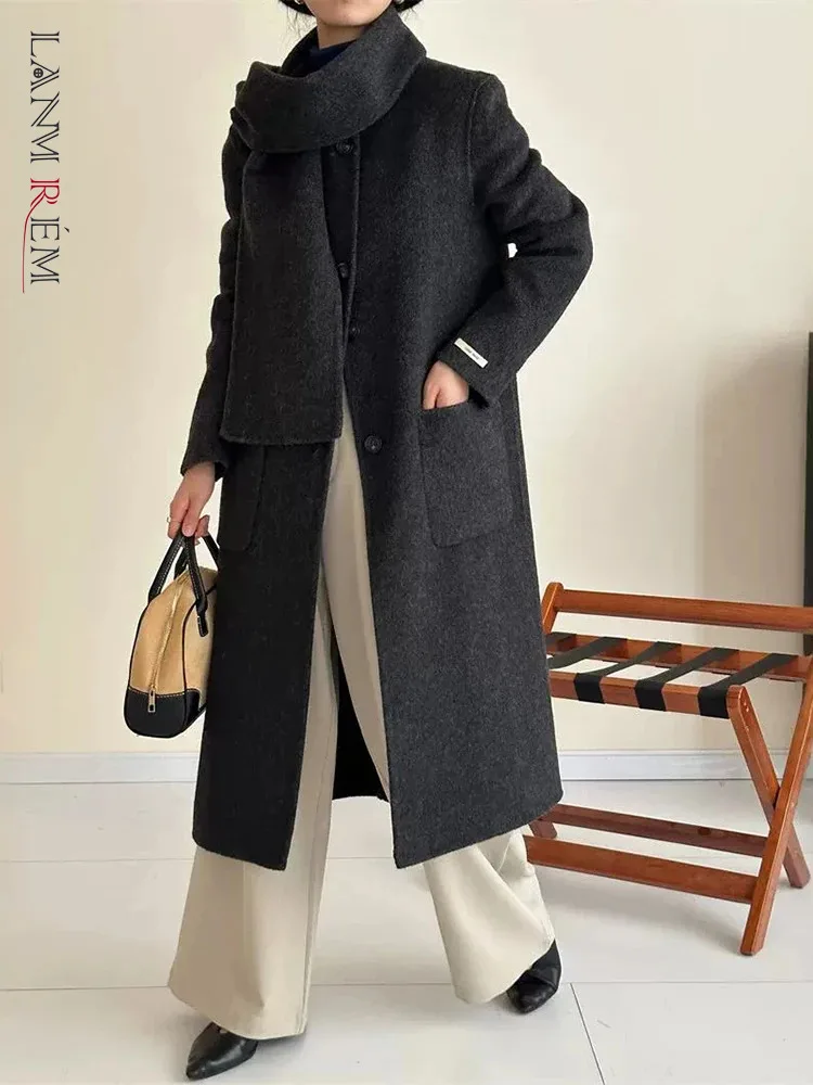 

LANMREM Elegant Wool Double-sided Cashmere Coat Scarf Single Breasted Solid Color Coats 2024 Autumn Winter New Clothing 2Z2321