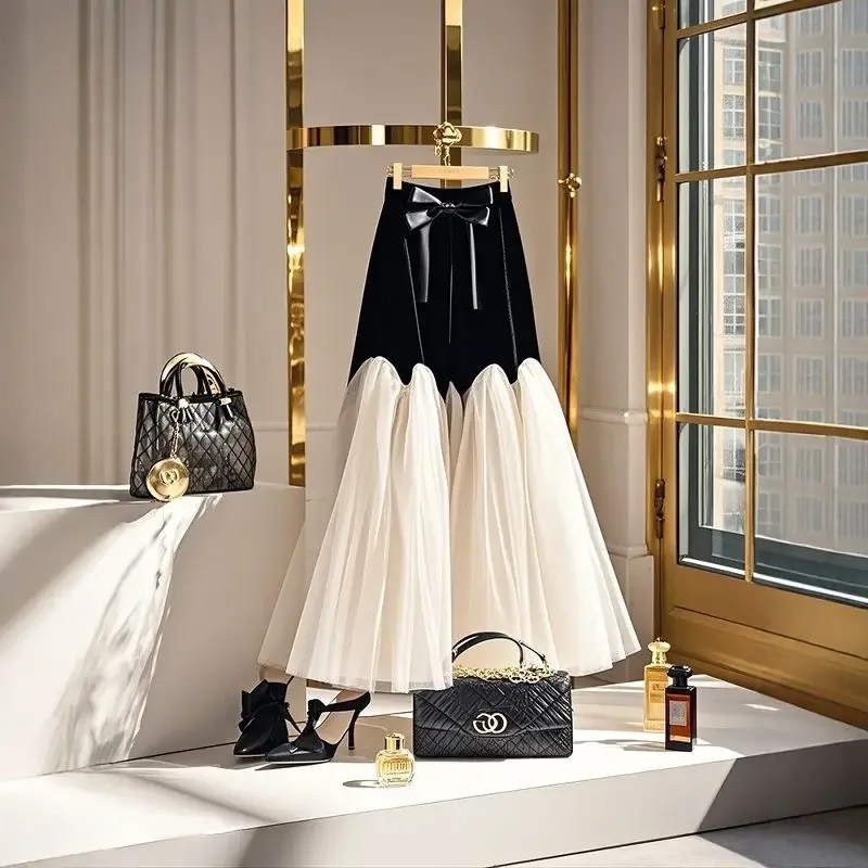 

Long Skirt 2025 Spring High Waist Black Mesh Splicing Velvet Word Half length Skirt Women Clothing LOOSE FIT