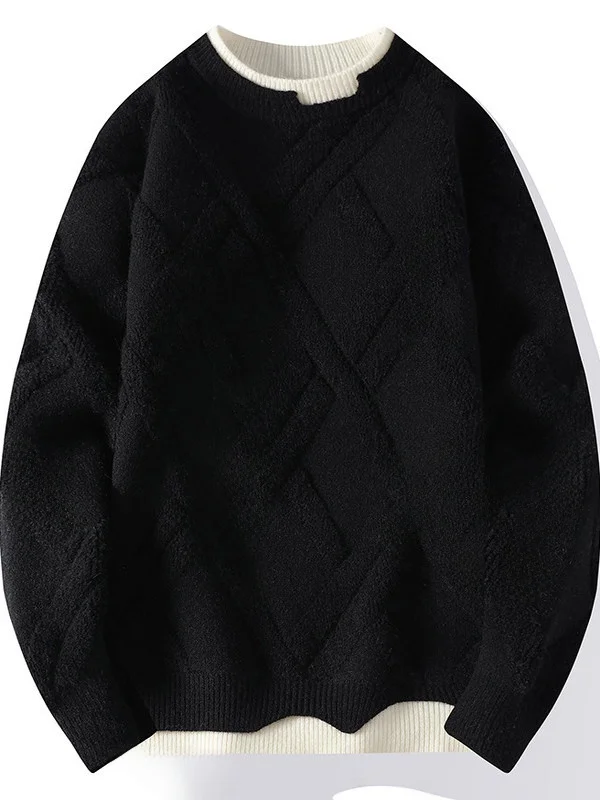 

Casual Knitted Sweater round Ne Two-Piece Effect Loose Fit Warm Winter Top for Teenage Boys Comfortable Soft Polyester Blend